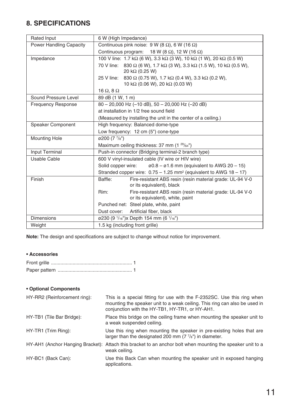 Specifications | TOA Electronics F-2352SC User Manual | Page 11 / 12