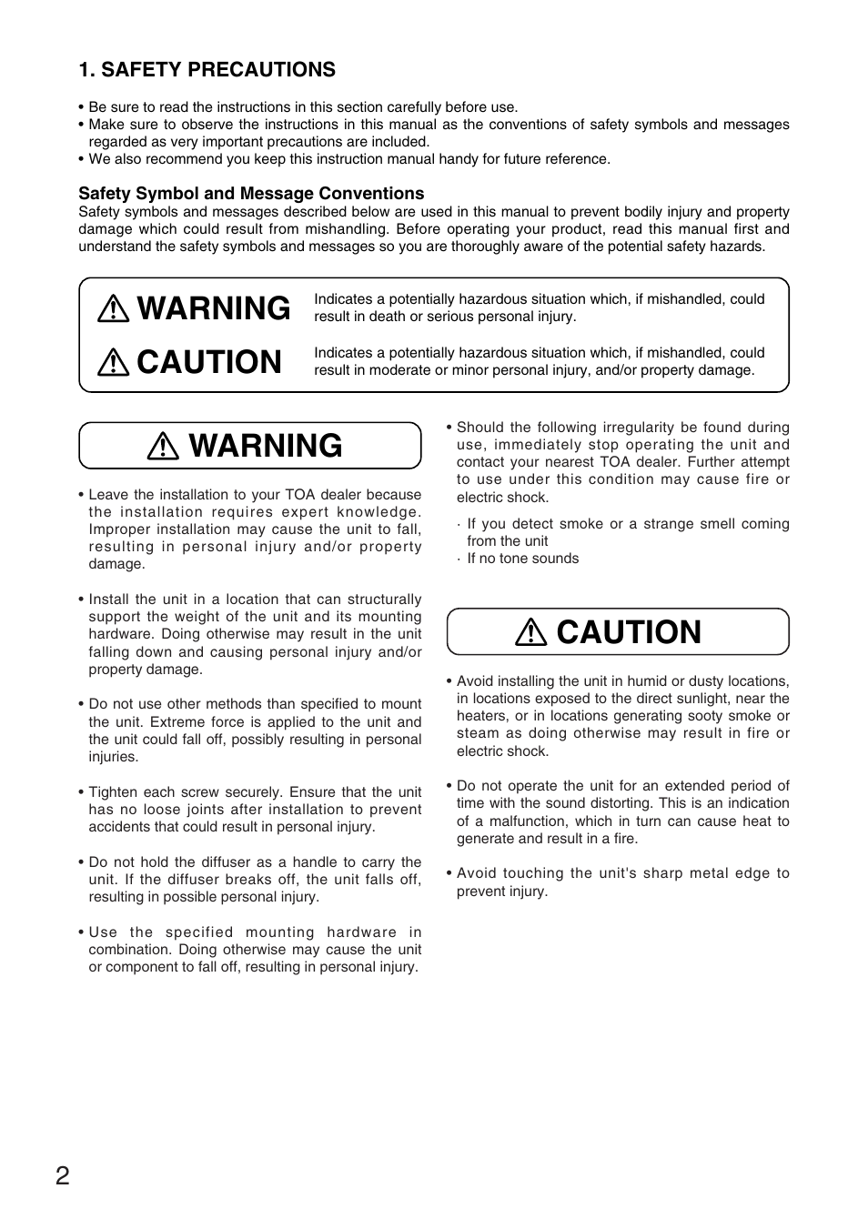 Caution, Warning, Warning caution | TOA Electronics F-2352SC User Manual | Page 2 / 12