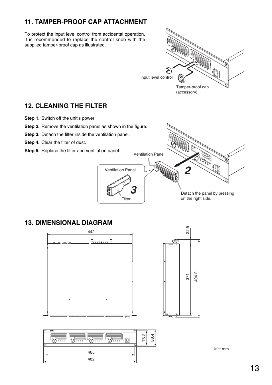 Cleaning the filter, Dimensional diagram, Tamper-proof cap attachment | TOA Electronics DA-550F CE User Manual | Page 13 / 20