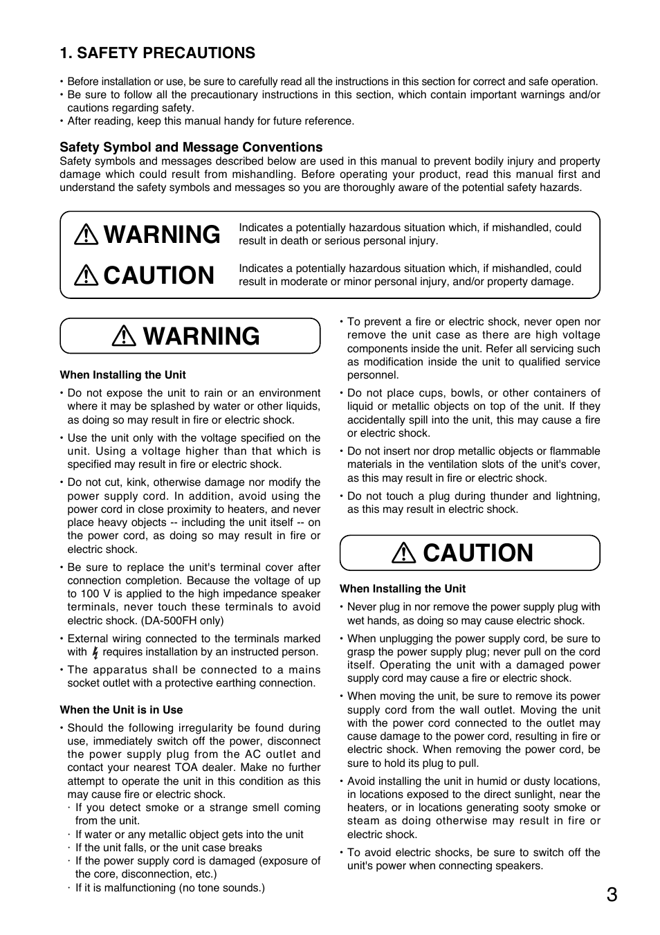 Warning, Warning caution caution, Safety precautions | TOA Electronics DA-550F CE User Manual | Page 3 / 20