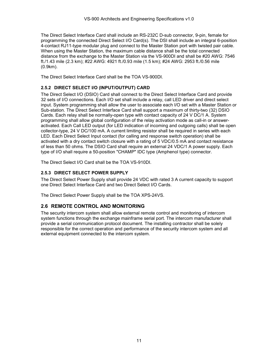 Remote control and monitoring, Direct select i/o (input/output) card, Direct select power supply | TOA Electronics VS-900 User Manual | Page 11 / 18