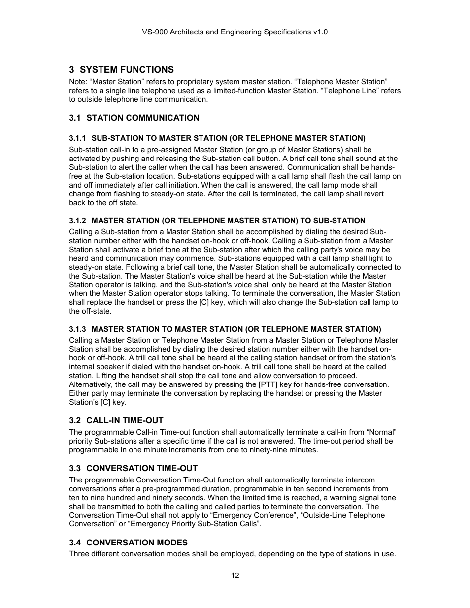 System functions, Station communication, Call-in time-out | Conversation time-out, Conversation modes, Station) | TOA Electronics VS-900 User Manual | Page 12 / 18
