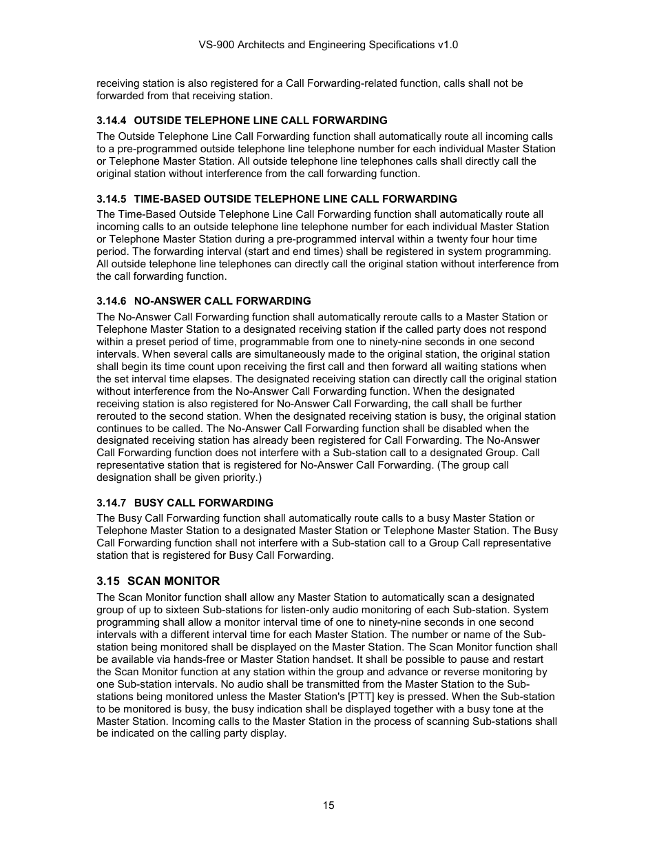 Scan monitor, Outside telephone line call forwarding, Time-based outside telephone line call forwarding | No-answer call forwarding, Busy call forwarding, 15 scan monitor | TOA Electronics VS-900 User Manual | Page 15 / 18