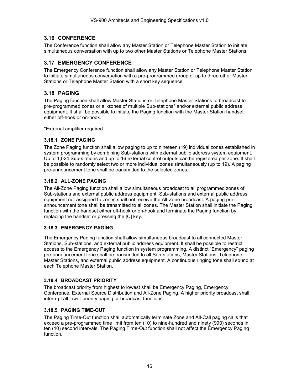 Conference, Emergency conference, Paging | 16 conference, 17 emergency conference, 18 paging, Zone paging, All-zone paging, Emergency paging, Broadcast priority | TOA Electronics VS-900 User Manual | Page 16 / 18