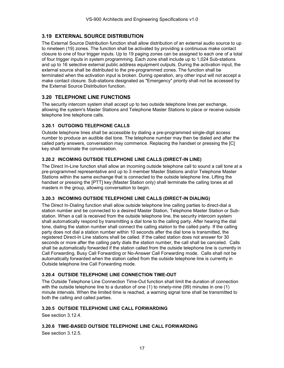 External source distribution, Telephone line functions, 19 external source distribution | 20 telephone line functions, Outgoing telephone calls, Outside telephone line connection time-out, Outside telephone line call forwarding, Time-based outside telephone line call forwarding | TOA Electronics VS-900 User Manual | Page 17 / 18