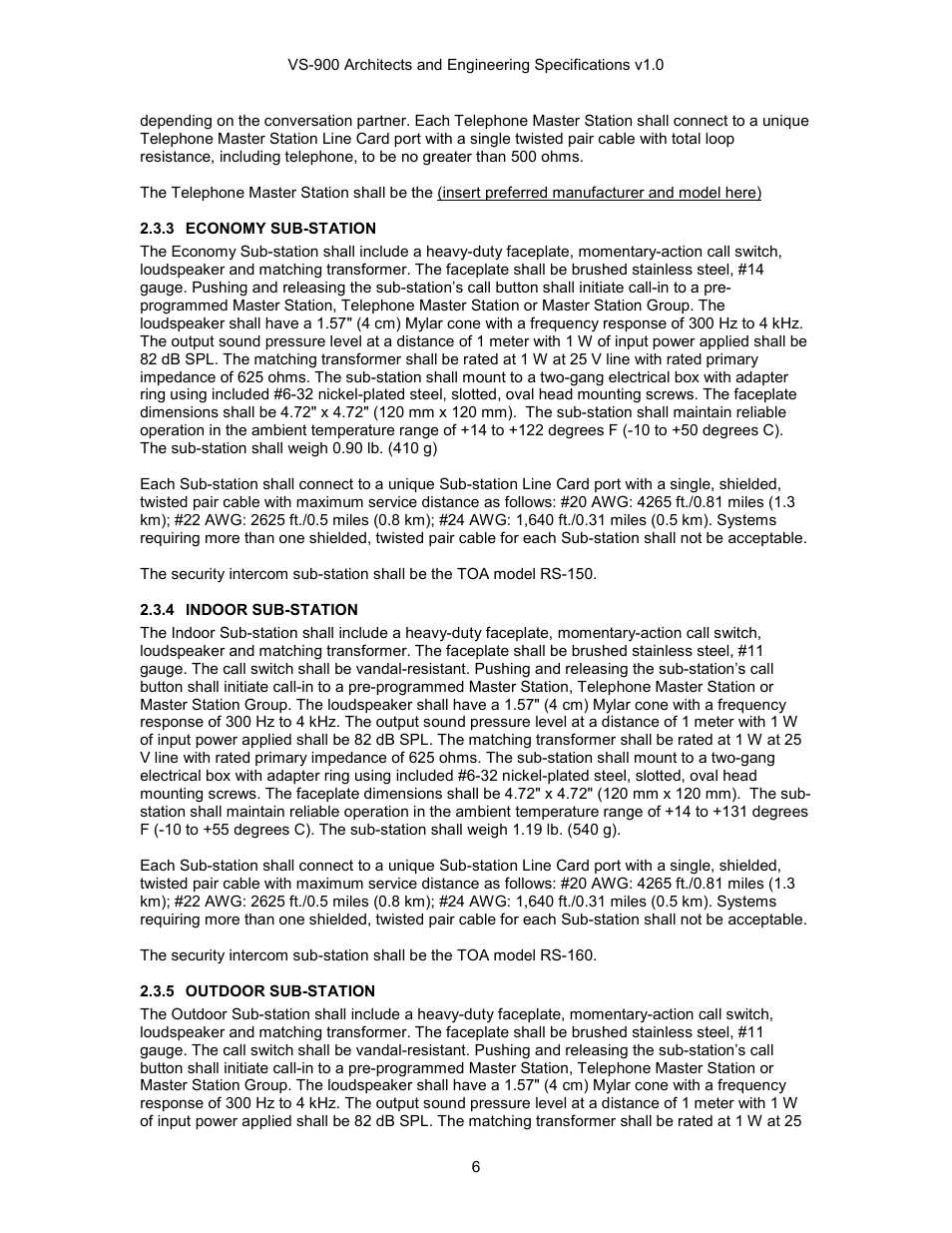 Economy sub-station, Indoor sub-station, Outdoor sub-station | TOA Electronics VS-900 User Manual | Page 6 / 18