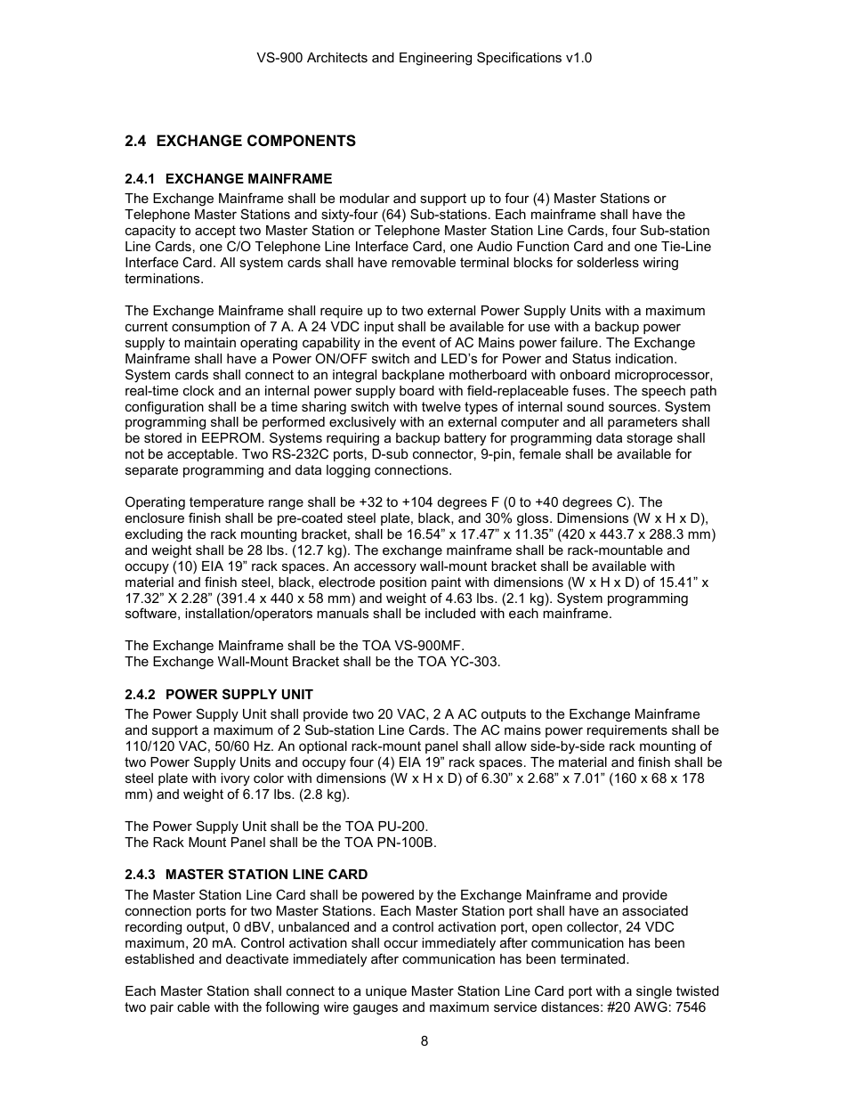 Exchange components, Exchange mainframe, Power supply unit | Master station line card | TOA Electronics VS-900 User Manual | Page 8 / 18