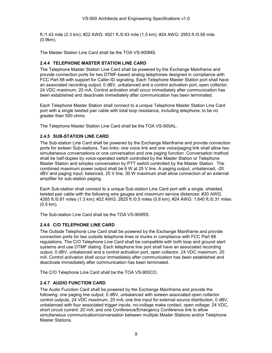 Telephone master station line card, Sub-station line card, C/o telephone line card | Audio function card | TOA Electronics VS-900 User Manual | Page 9 / 18