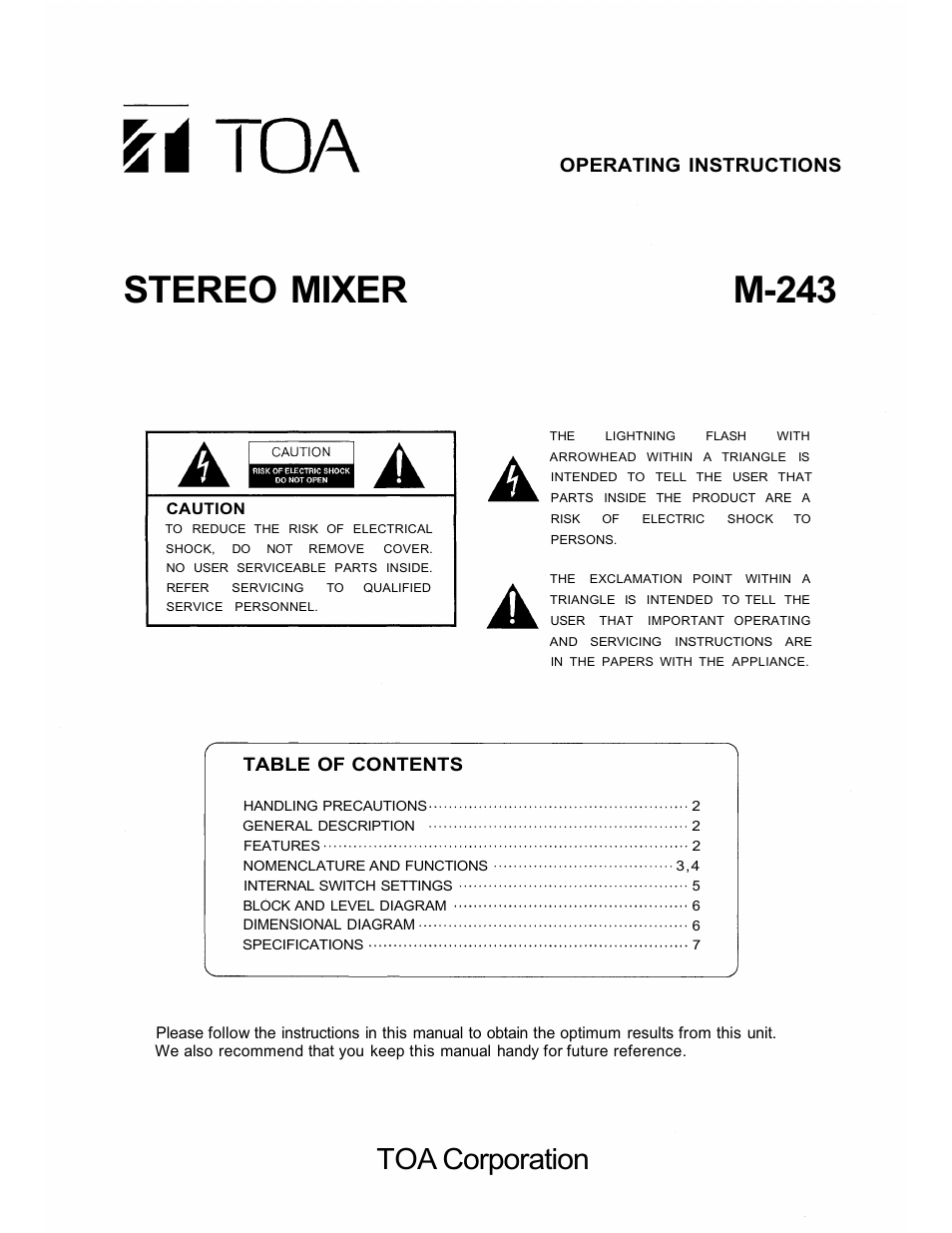 TOA Electronics M-243 User Manual | 8 pages