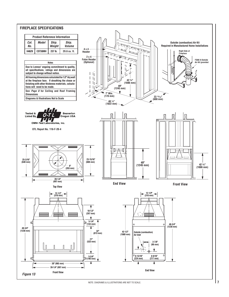 Fireplace specifications, 7figure 13, End view front view | TOA Electronics CST38MH User Manual | Page 7 / 24