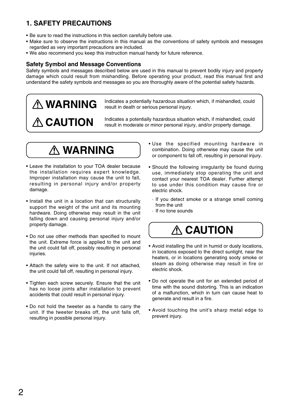 Caution, Warning, Warning caution | TOA Electronics F-2852C User Manual | Page 2 / 12