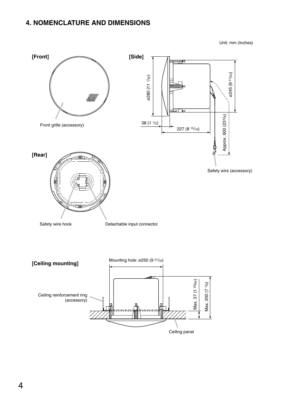 Nomenclature and dimensions, Front, Side | Rear] [ceiling mounting | TOA Electronics F-2852C User Manual | Page 4 / 12