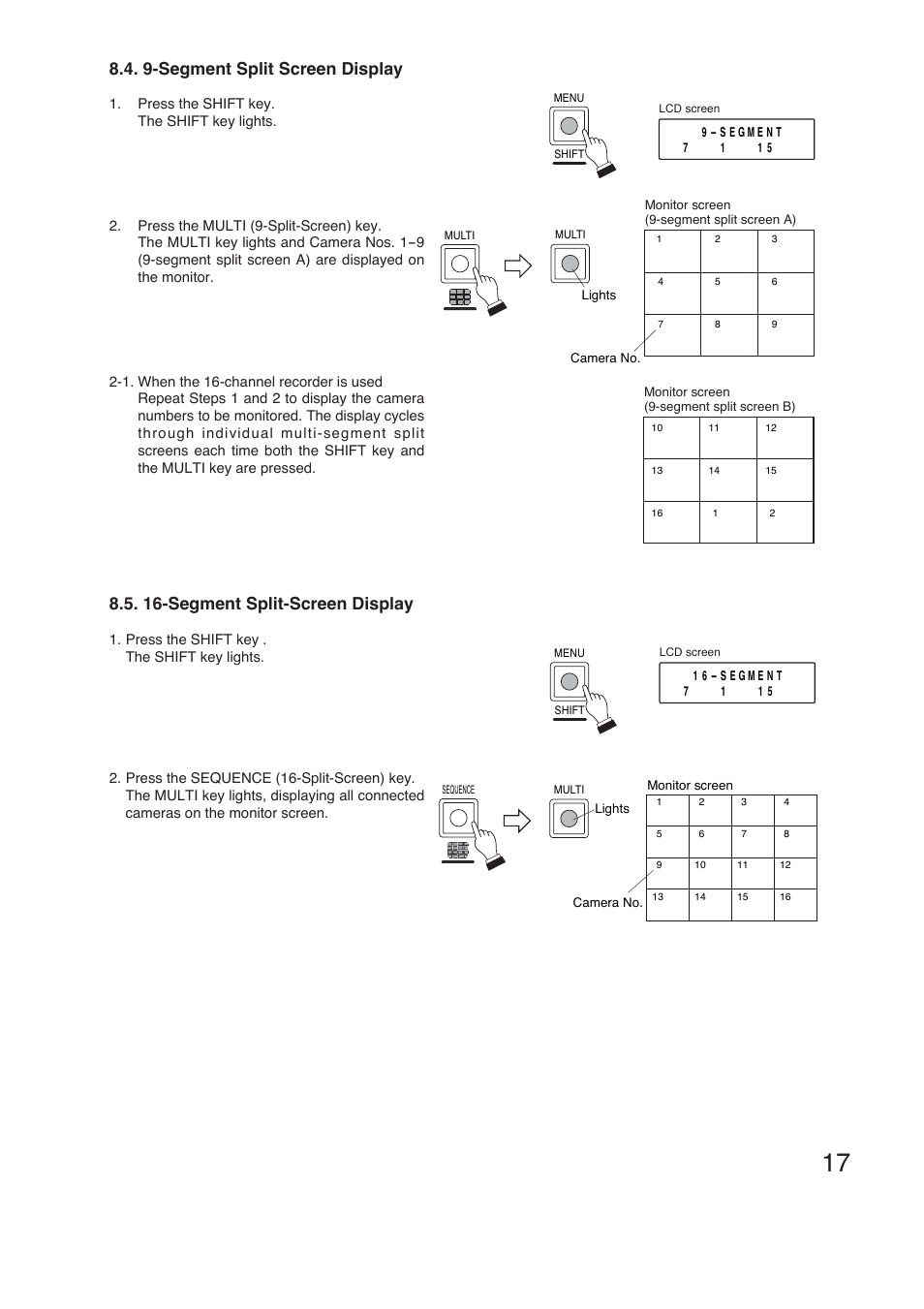 9-segment split screen display, 16-segment split-screen display | TOA Electronics C-RM1000 CU User Manual | Page 17 / 60