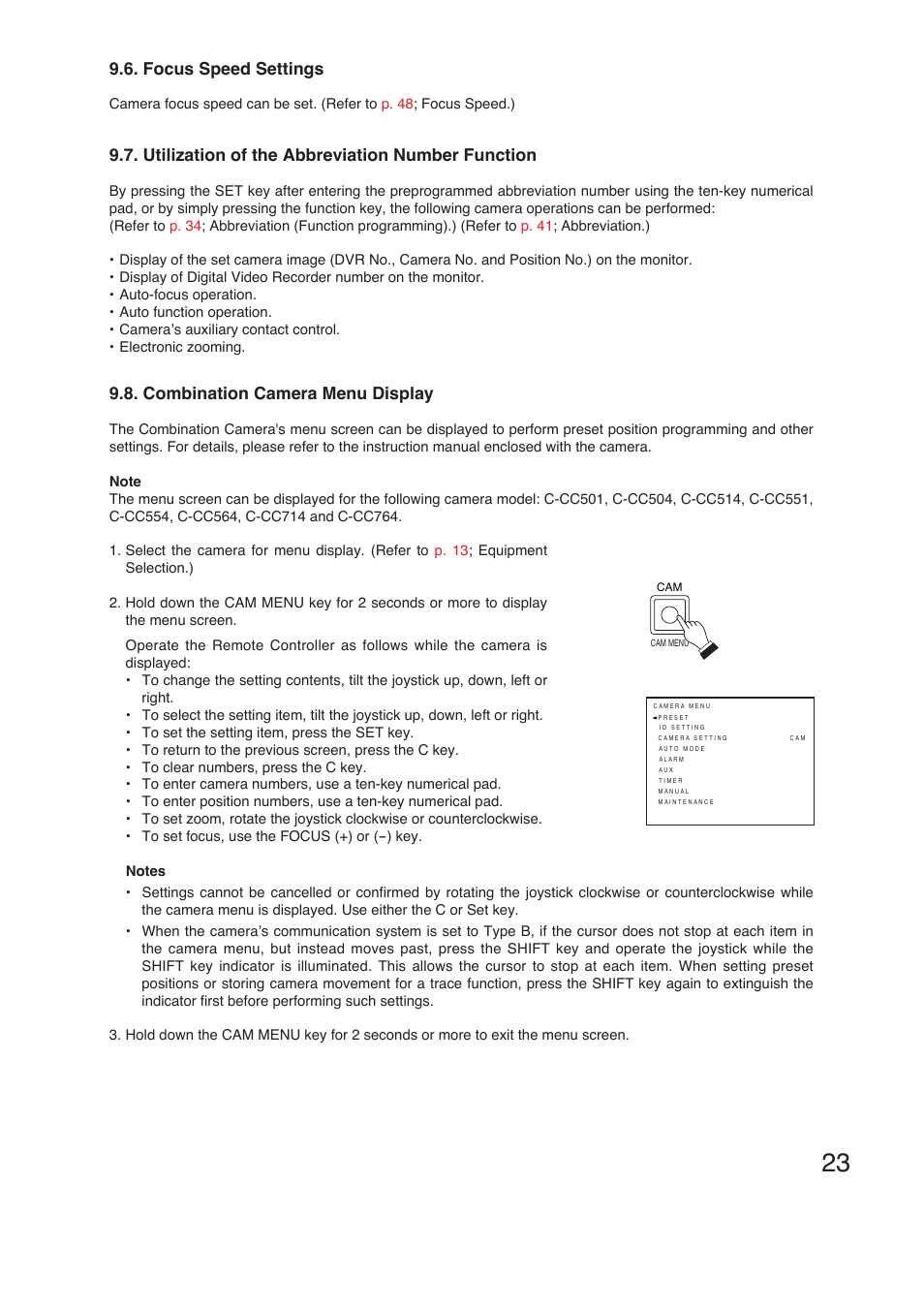 Focus speed settings, Utilization of the abbreviation number function, Combination camera menu display | TOA Electronics C-RM1000 CU User Manual | Page 23 / 60