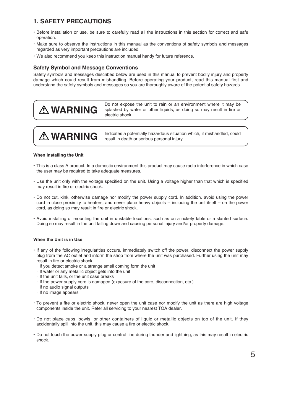 Warning, Safety precautions | TOA Electronics C-RM1000 CU User Manual | Page 5 / 60
