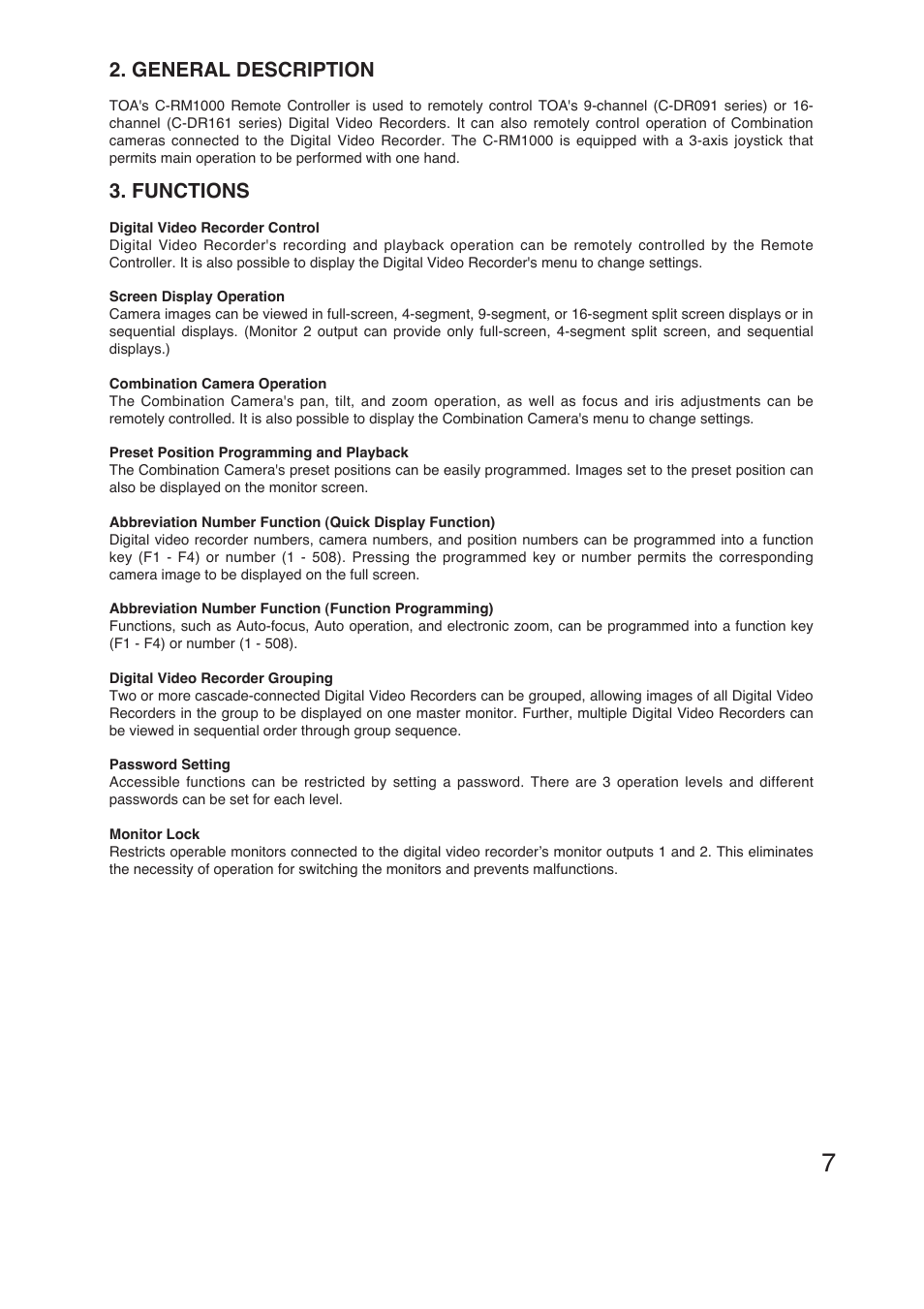 General description, Functions | TOA Electronics C-RM1000 CU User Manual | Page 7 / 60