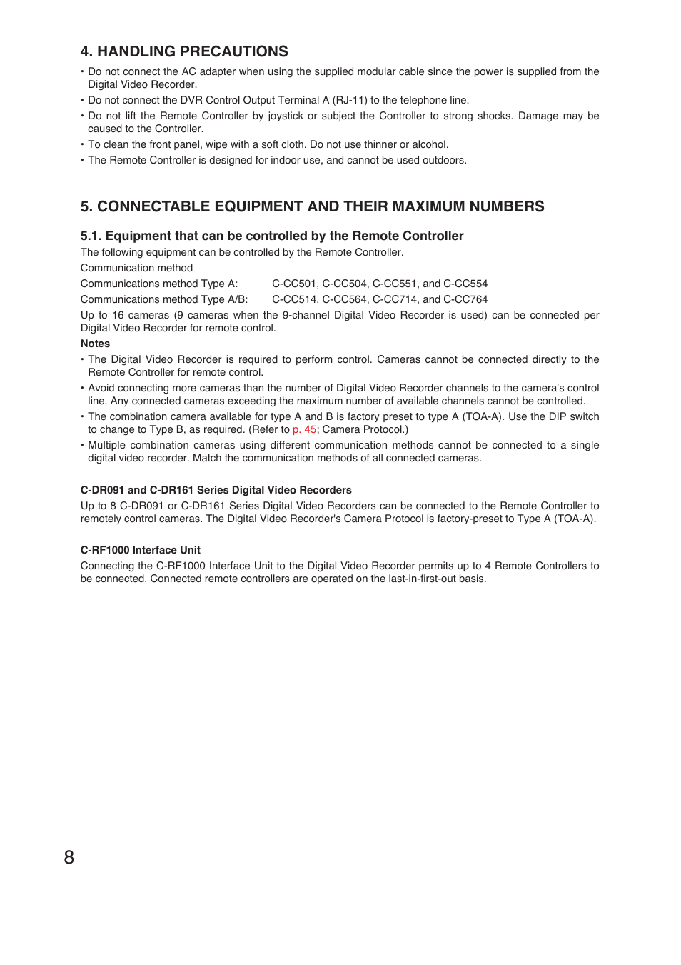 Handling precautions, Connectable equipment and their maximum numbers | TOA Electronics C-RM1000 CU User Manual | Page 8 / 60