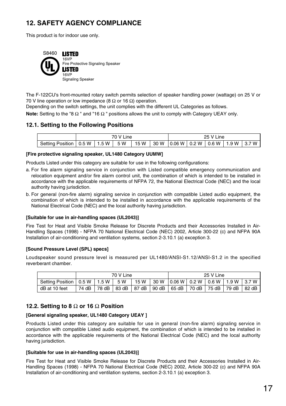 Safety agency compliance | TOA Electronics F-122CU User Manual | Page 17 / 19
