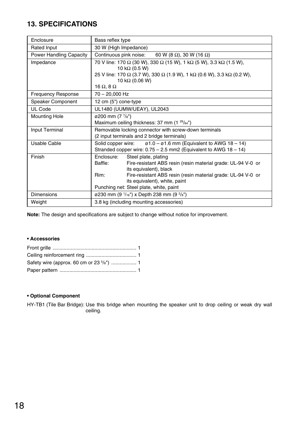 Specifications | TOA Electronics F-122CU User Manual | Page 18 / 19