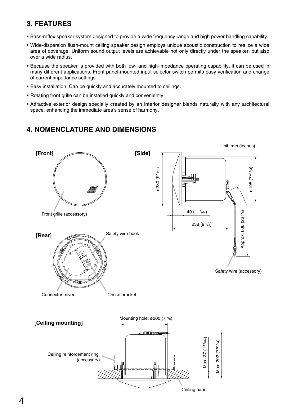 Features, Nomenclature and dimensions | TOA Electronics F-122CU User Manual | Page 4 / 19