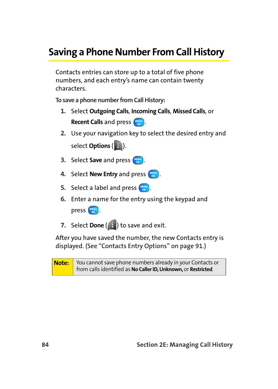 Saving a phone number from call history | TOA Electronics Sprint Power Vision A920 User Manual | Page 108 / 272