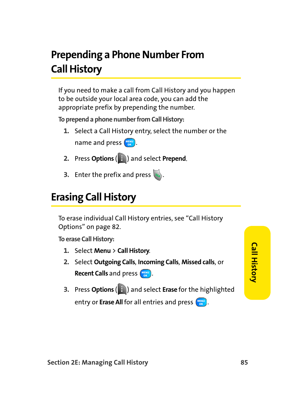 Prepending a phone number from call history, Erasing call history | TOA Electronics Sprint Power Vision A920 User Manual | Page 109 / 272