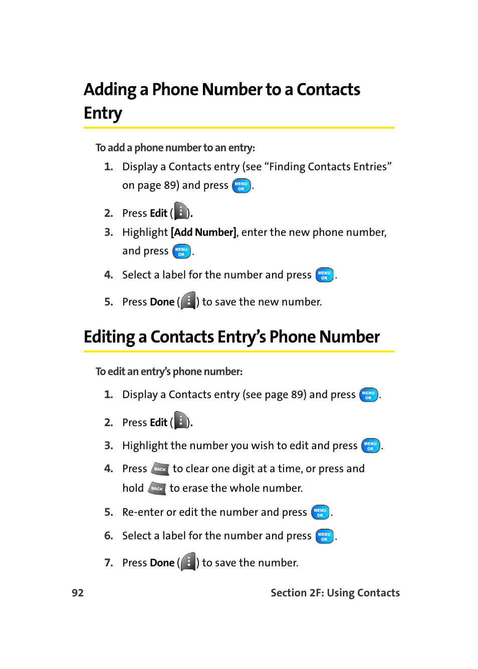 Adding a phone number to a contacts entry, Editing a contacts entry’s phone number | TOA Electronics Sprint Power Vision A920 User Manual | Page 116 / 272