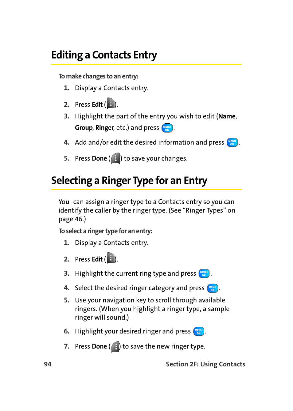 Editing a contacts entry, Selecting a ringer type for an entry | TOA Electronics Sprint Power Vision A920 User Manual | Page 118 / 272