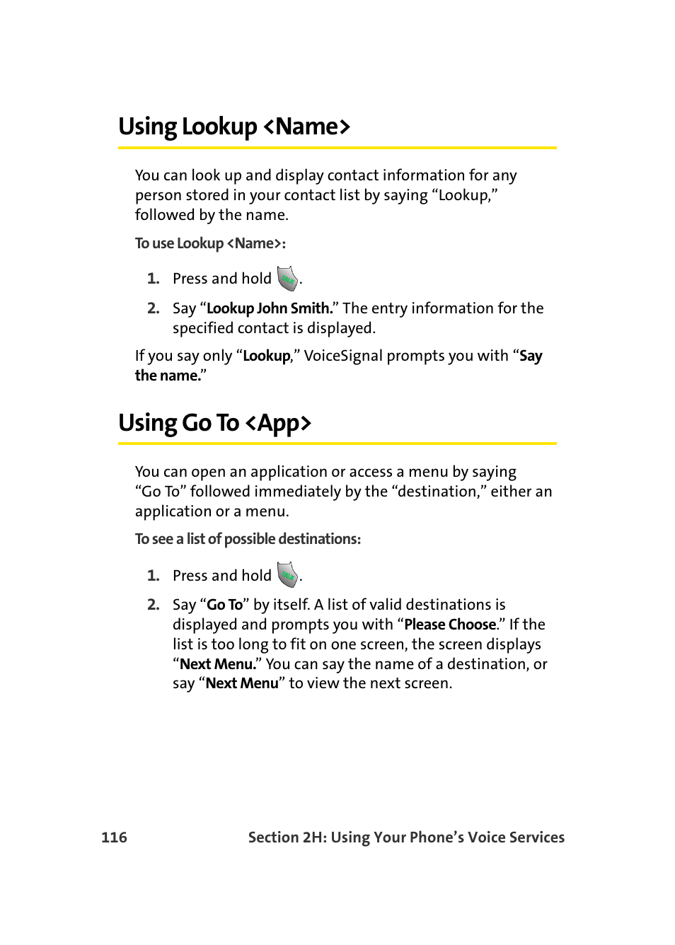 Using lookup <name, Using go to <app | TOA Electronics Sprint Power Vision A920 User Manual | Page 140 / 272