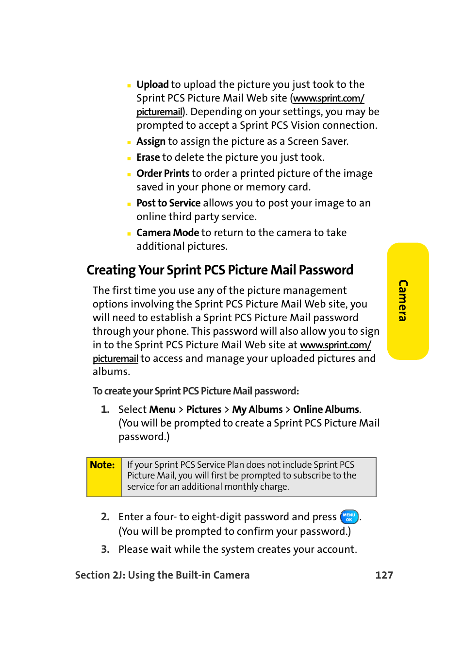 Creating your sprint pcs picture mail password, Ca m e ra | TOA Electronics Sprint Power Vision A920 User Manual | Page 151 / 272