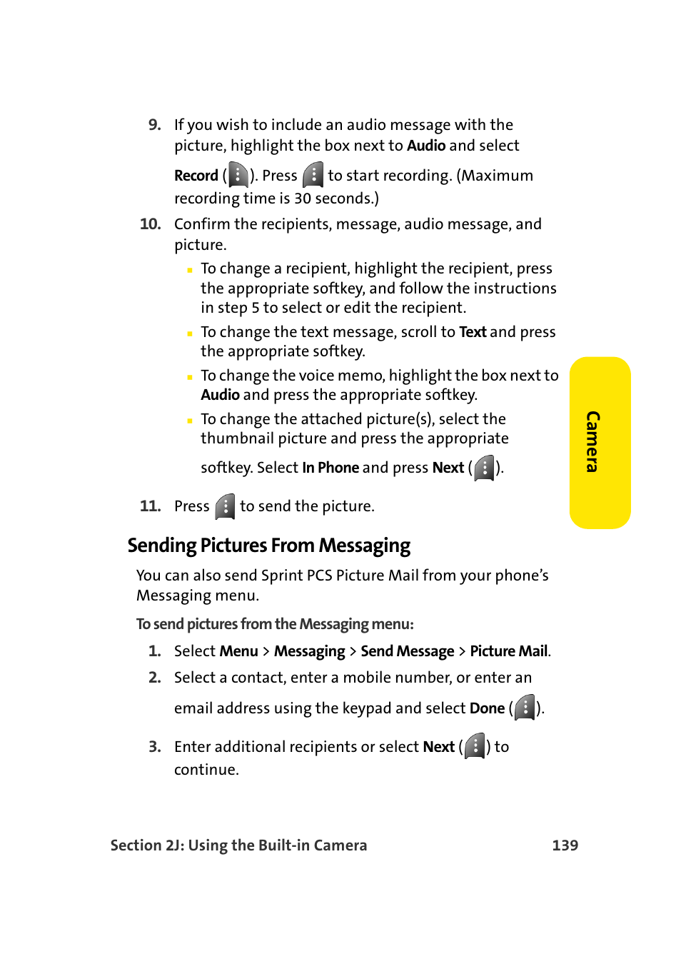 Sending pictures from messaging, Ca m e ra | TOA Electronics Sprint Power Vision A920 User Manual | Page 163 / 272