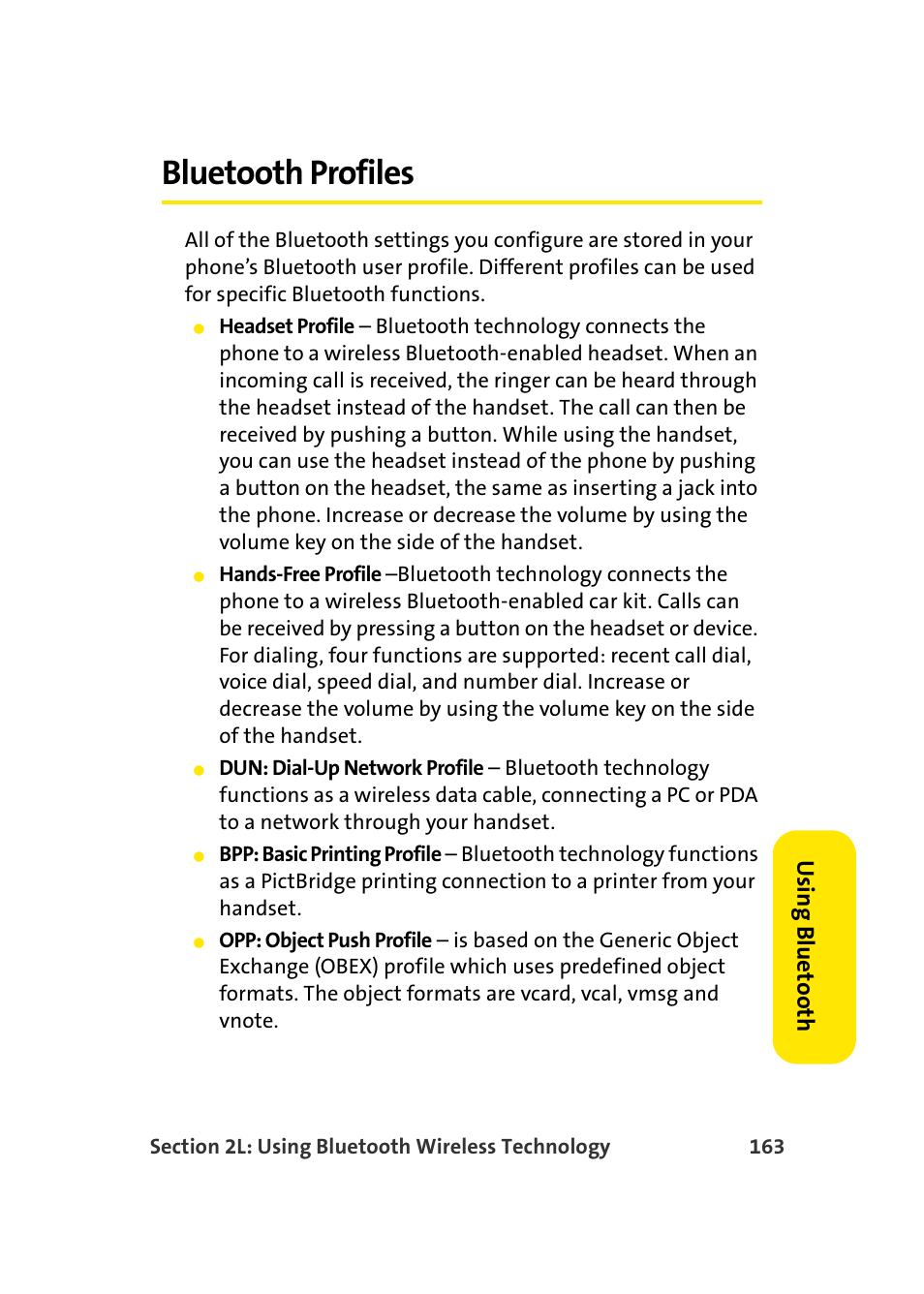 Bluetooth profiles, Usin g b lue to ot h | TOA Electronics Sprint Power Vision A920 User Manual | Page 187 / 272