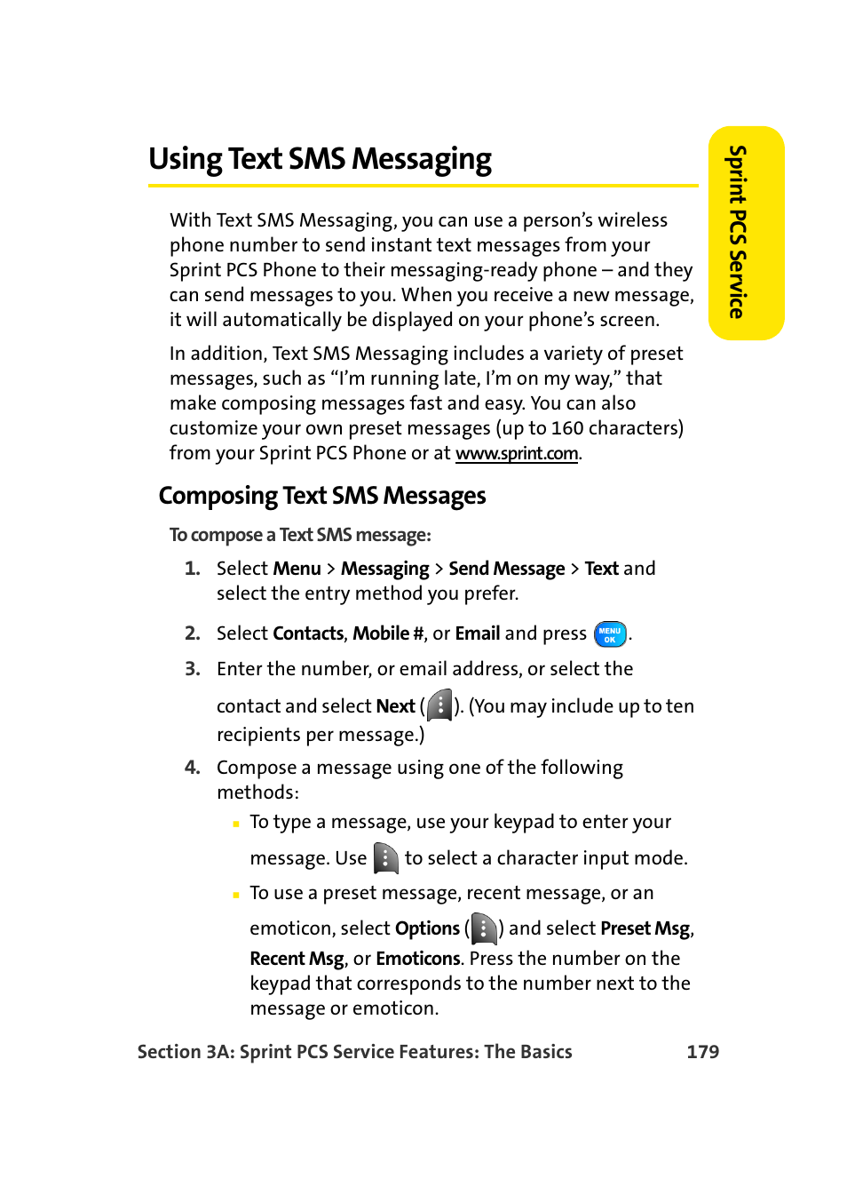 Using text sms messaging, Composing text sms messages | TOA Electronics Sprint Power Vision A920 User Manual | Page 203 / 272