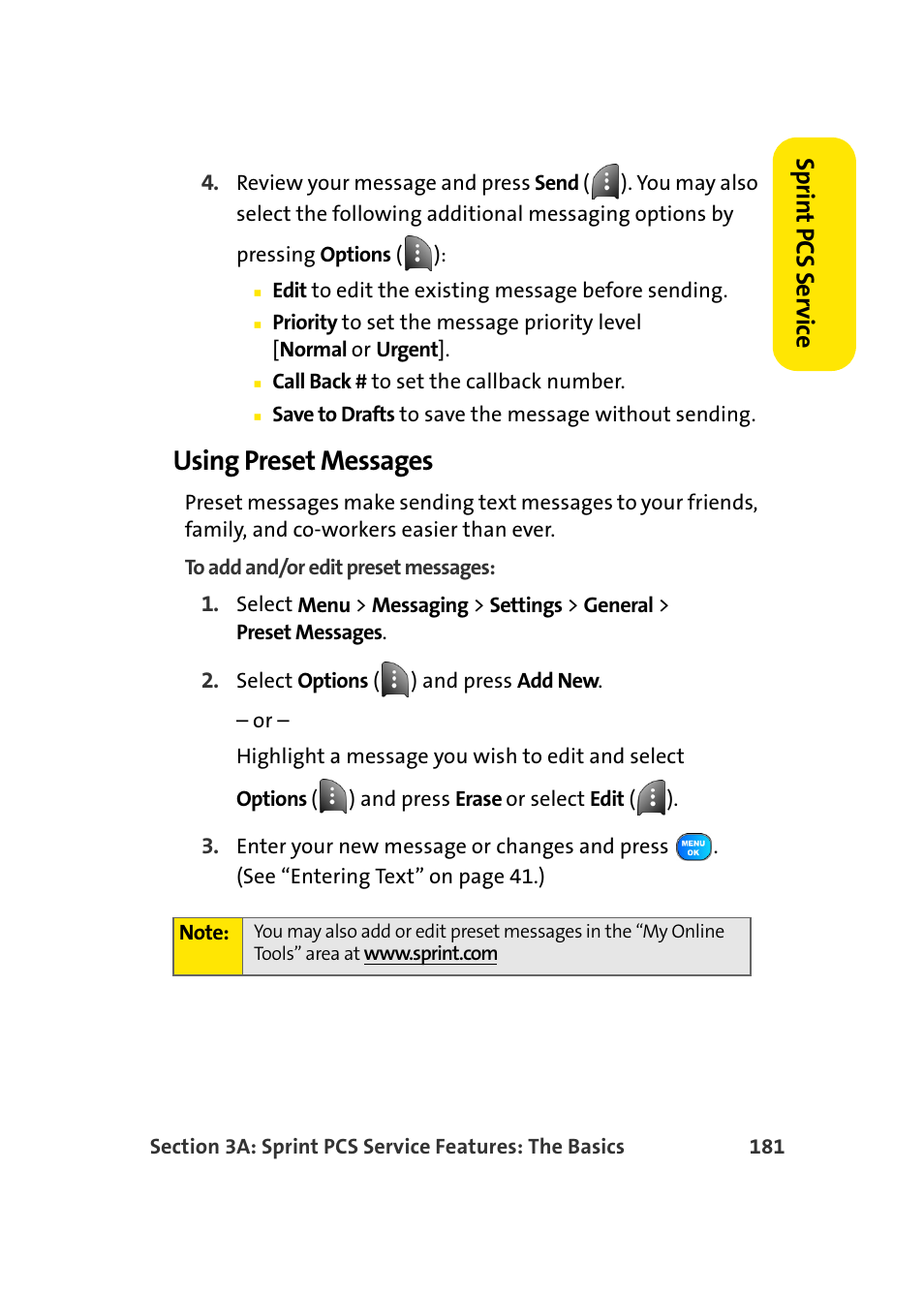 Using preset messages, Sprin t pcs se rv ice | TOA Electronics Sprint Power Vision A920 User Manual | Page 205 / 272