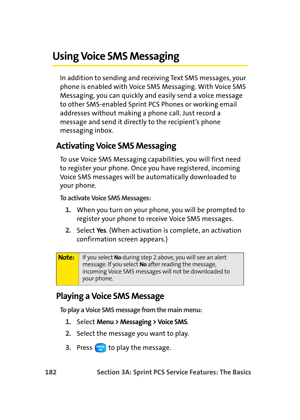 Using voice sms messaging, Activating voice sms messaging, Playing a voice sms message | TOA Electronics Sprint Power Vision A920 User Manual | Page 206 / 272