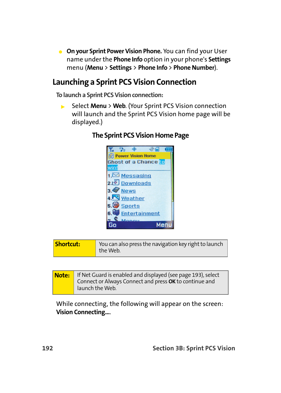 Launching a sprint pcs vision connection, The sprint pcs vision home page | TOA Electronics Sprint Power Vision A920 User Manual | Page 216 / 272