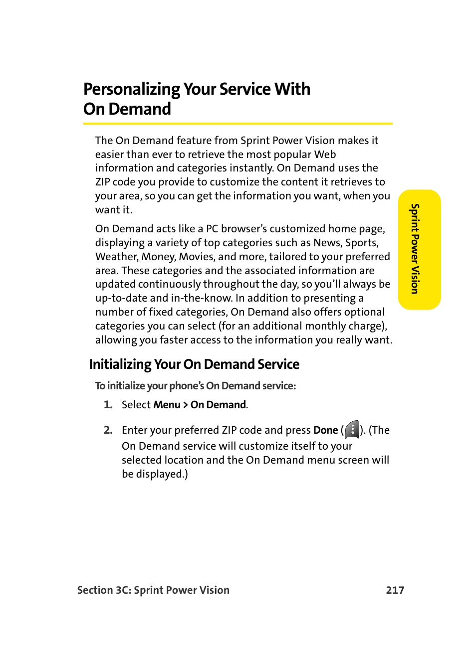 Personalizing your service with on demand, Initializing your on demand service | TOA Electronics Sprint Power Vision A920 User Manual | Page 241 / 272