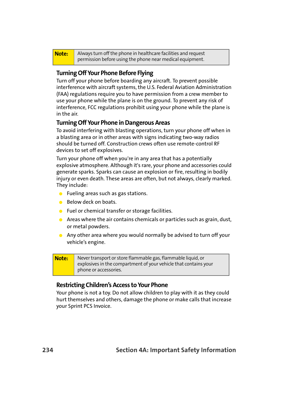 Turning off your phone in dangerous areas, Restricting children’s access to your phone | TOA Electronics Sprint Power Vision A920 User Manual | Page 258 / 272