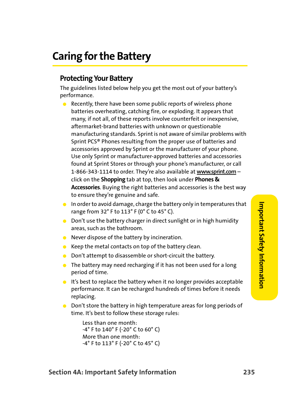 Caring for the battery, Protecting your battery | TOA Electronics Sprint Power Vision A920 User Manual | Page 259 / 272