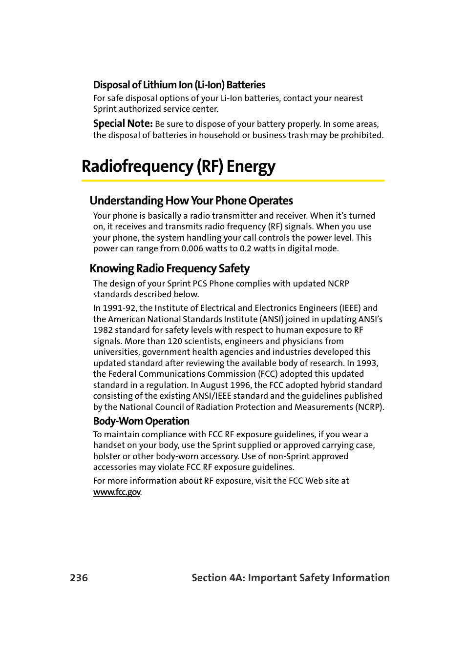 Radiofrequency (rf) energy, Understanding how your phone operates, Knowing radio frequency safety | TOA Electronics Sprint Power Vision A920 User Manual | Page 260 / 272