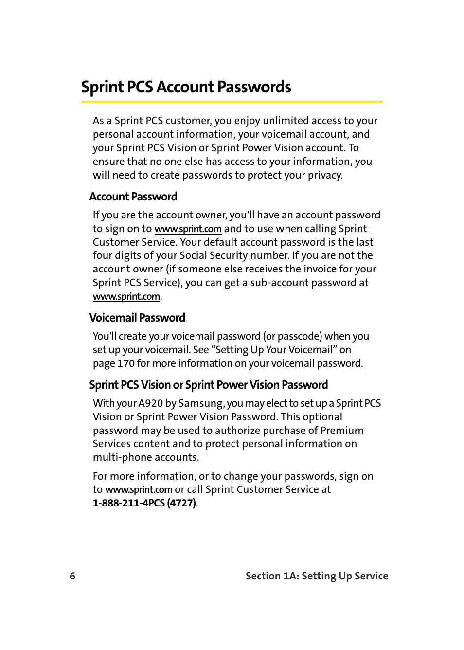 Sprint pcs account passwords | TOA Electronics Sprint Power Vision A920 User Manual | Page 30 / 272