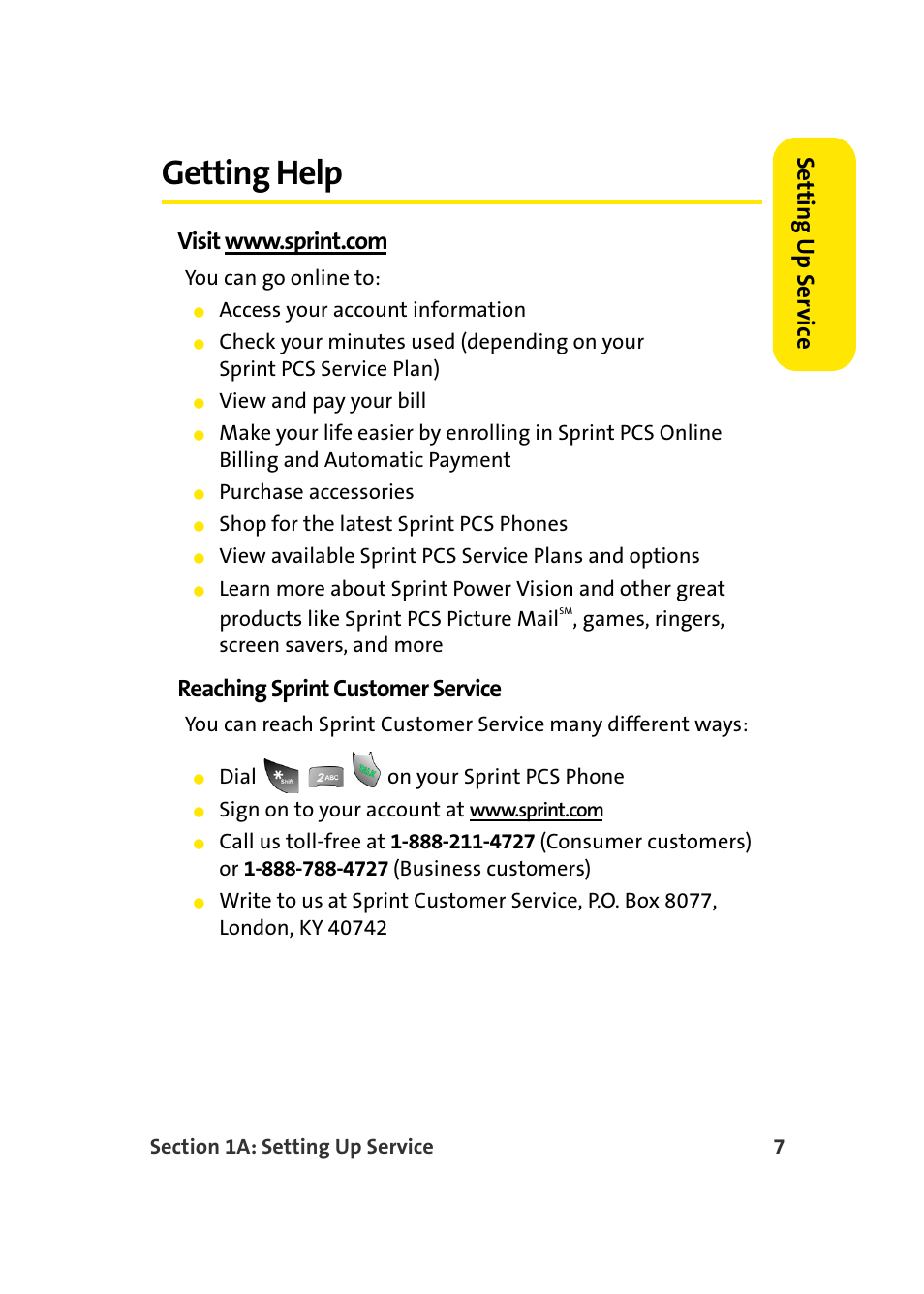 Getting help, Setting u p ser v ice, Reaching sprint customer service | TOA Electronics Sprint Power Vision A920 User Manual | Page 31 / 272