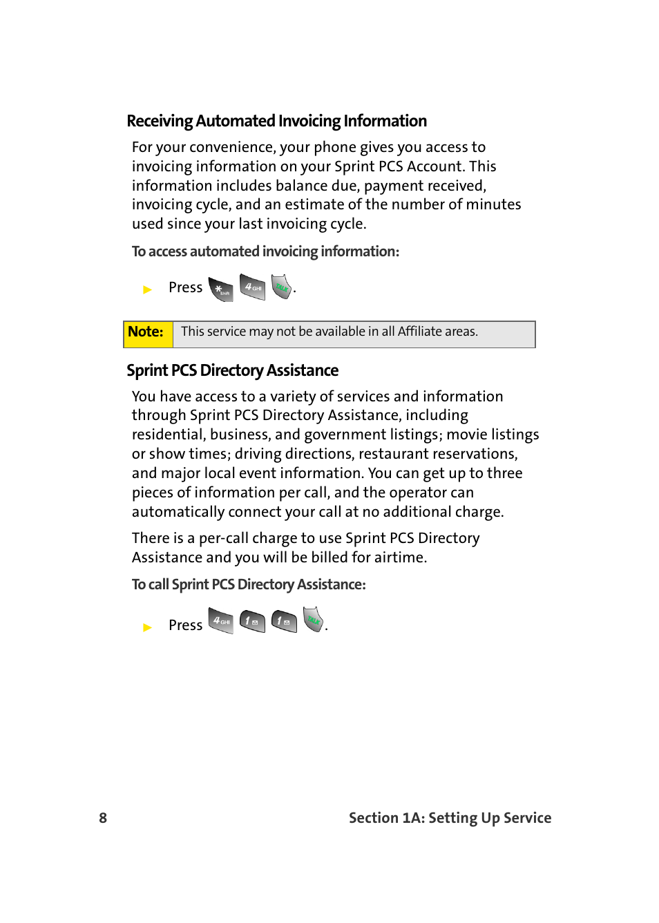 Receiving automated invoicing information, Sprint pcs directory assistance | TOA Electronics Sprint Power Vision A920 User Manual | Page 32 / 272