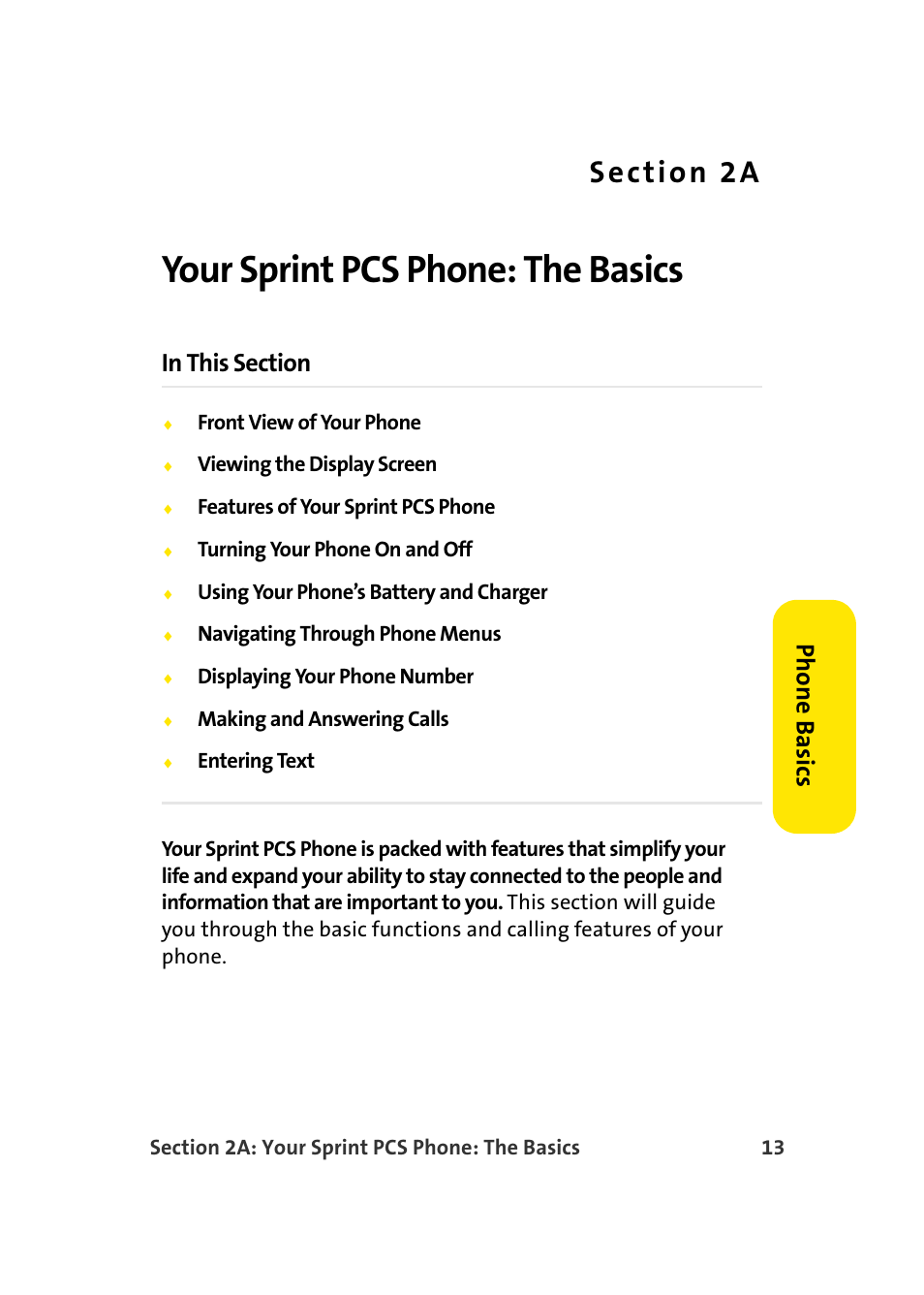 Your sprint pcs phone: the basics, 2a. your sprint pcs phone: the basics, Pho n e ba sics | TOA Electronics Sprint Power Vision A920 User Manual | Page 37 / 272