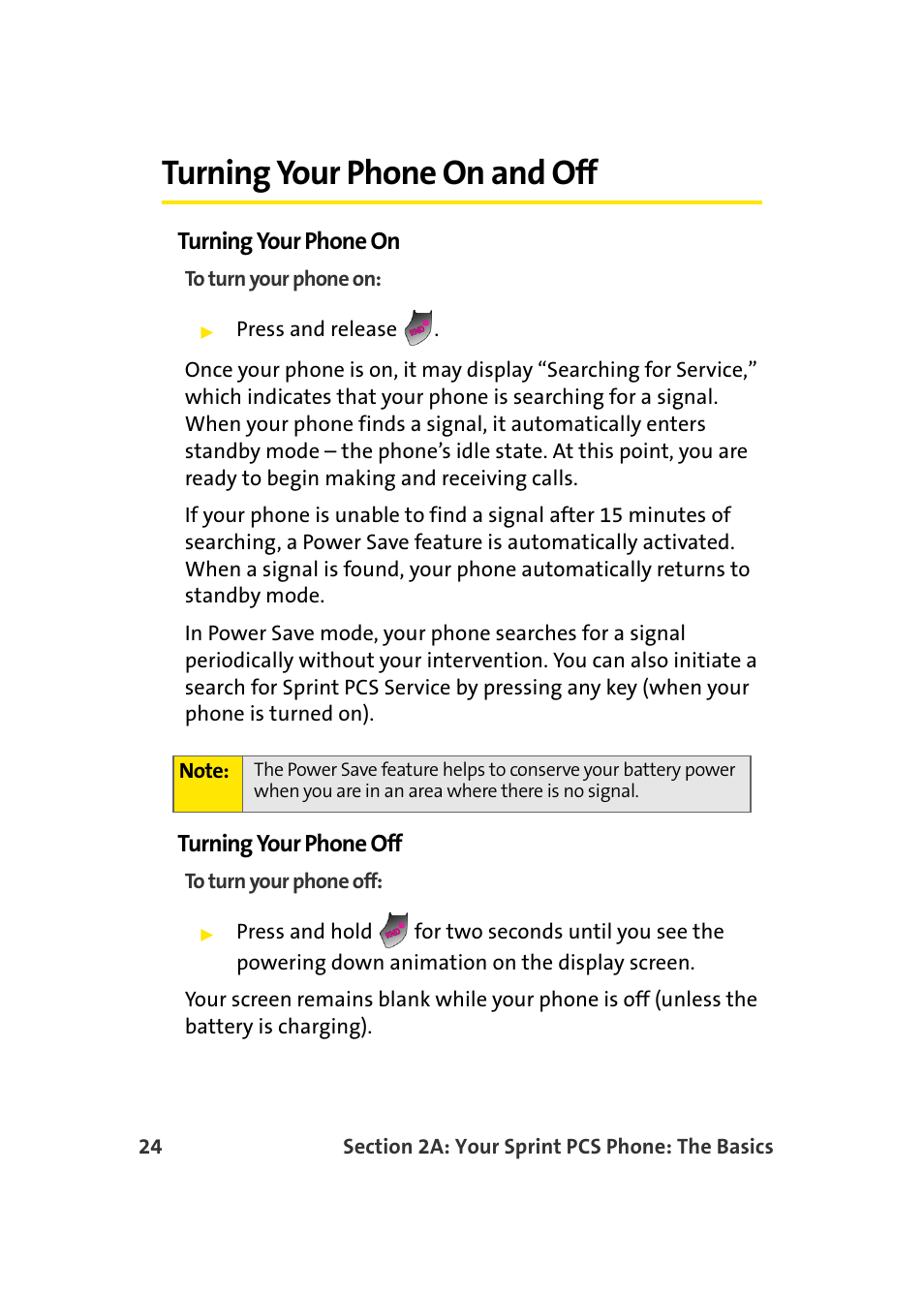 Turning your phone on and off | TOA Electronics Sprint Power Vision A920 User Manual | Page 48 / 272