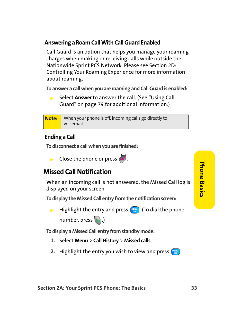 Missed call notification, Pho n e ba sics | TOA Electronics Sprint Power Vision A920 User Manual | Page 57 / 272