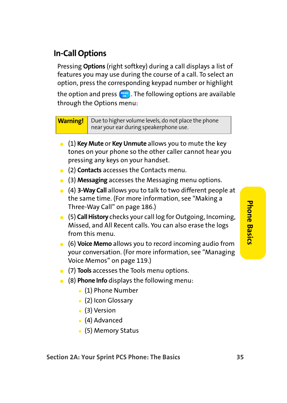 In-call options, Pho n e ba sics | TOA Electronics Sprint Power Vision A920 User Manual | Page 59 / 272