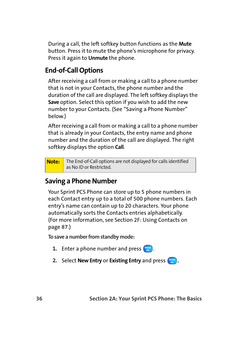 End-of-call options, Saving a phone number | TOA Electronics Sprint Power Vision A920 User Manual | Page 60 / 272