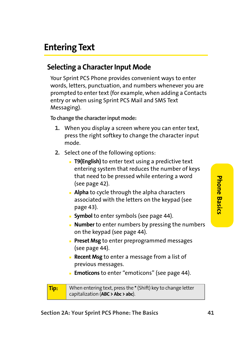 Entering text, Selecting a character input mode, Pho n e ba sics | TOA Electronics Sprint Power Vision A920 User Manual | Page 65 / 272