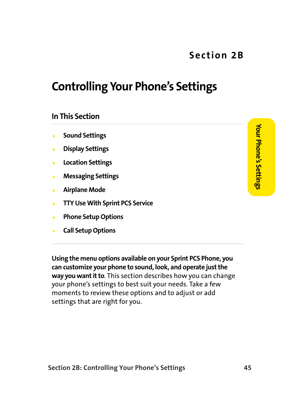 Controlling your phone’s settings, 2b. controlling your phone’s settings | TOA Electronics Sprint Power Vision A920 User Manual | Page 69 / 272